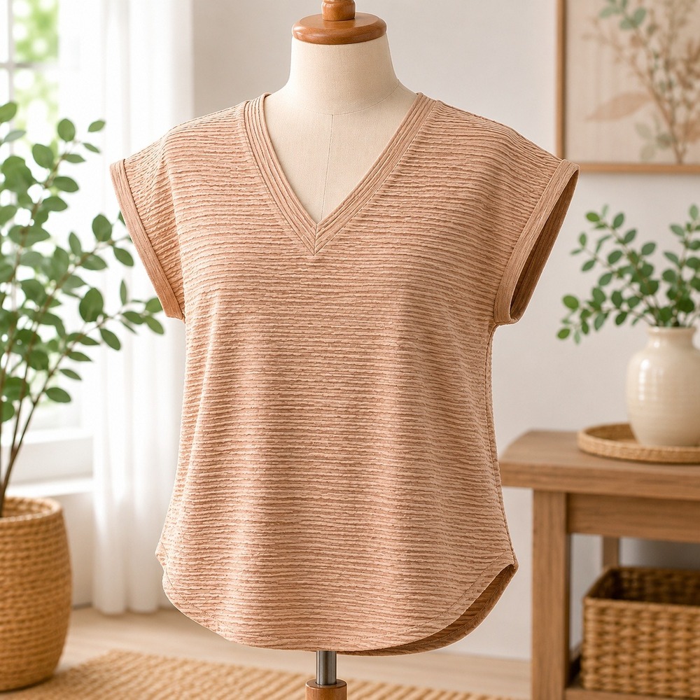 NWT Cupshe Textured V-Neck Top Womens XL Tan Short Sleeve Oversized Blouse